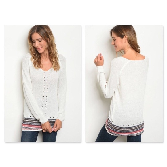 miss kelly 1999 Sweaters - SWEATER W/ BROWN RED NAVY STRIPE HEM